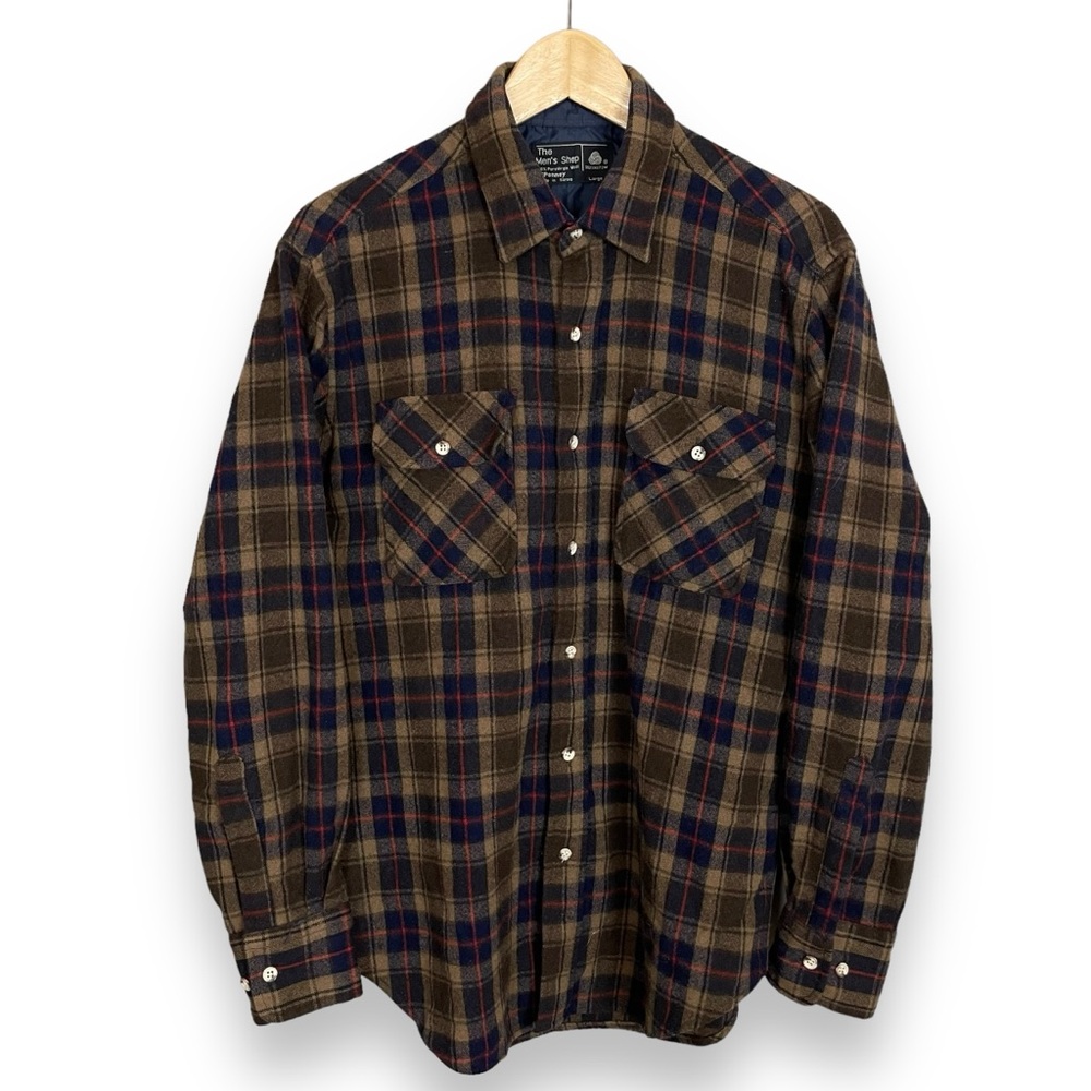 Vintage JC Penney Virgin Wool Shirt Men Size Large Plaid Brown Long Sleeve